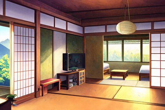アニメ映画風の和風系背景のイラスト(AI generated image)