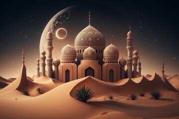 Generative AI of a ramadan mubarak background with mosque - obrazy, fototapety, plakaty