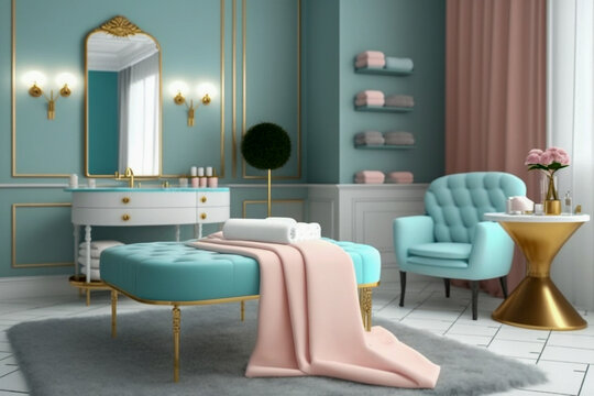 Beauty salon, interior design with massage couch, pastel colors, super photo realistic background, generative ai