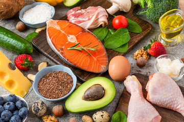 Healthy balanced diet food. Keto, low carb, atkins diet concept. Fish, meat, fruits vegetables, berries, mushroom