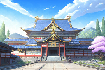 アニメ映画風の和風系背景のイラスト(AI generated image)