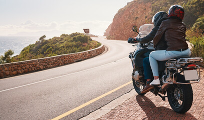 Motorcycle, travel and back of couple on road for adventure, freedom and enjoy weekend on mountain. Love, travelling mockup and man and woman ride on motorbike for holiday, vacation and journey