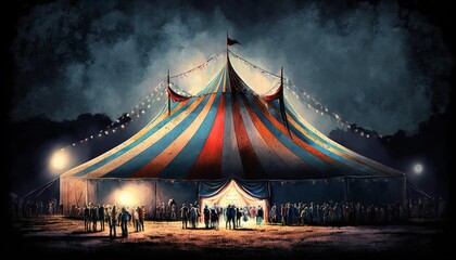 Huge colorful circus tent with crowd at night. Generative AI