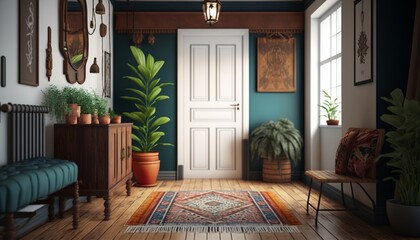 Boho interior style hallway with entrance door and cactus. Generative AI