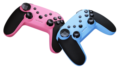 two video game controllers. Gamepads