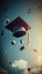 AI generated Graduation cap with flying books on blue sky background. Education concept