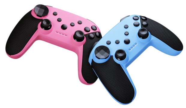 two video game controllers. Gamepads