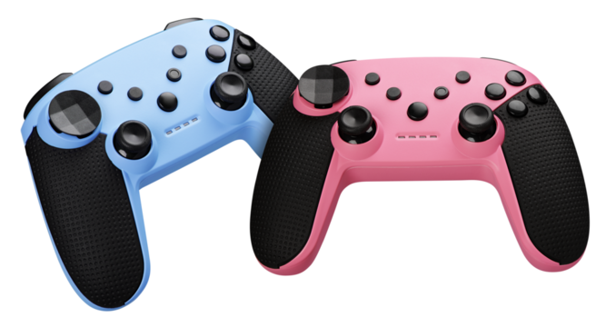 two video game controllers. Gamepads