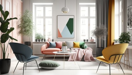 Bright and colorful scandinavian interior style living room with sofa, armchair and coffee table. Generative AI