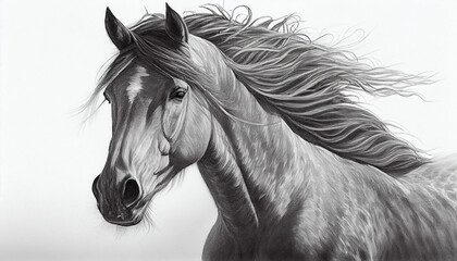 Wild mustang drawen by pencil, black and white horse, generative ai