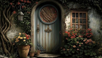 Fototapeta na wymiar Peaceful country cottage entrance door with vines, flowers and natural building materials. Generative AI