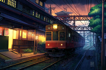 Obraz premium アニメ映画風の和風系背景のイラスト(AI generated image)