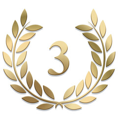 Gold PNG laurel wreath number 3 isolated	