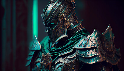 Fototapeta na wymiar A knight in malachite armor, portrait of medieval knight in green steel armor, generative ai