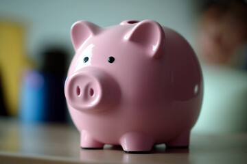 A pink piggy bank closeup on blurred background, Generative AI	