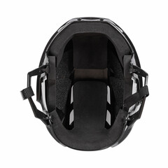 Inside Black Plastic Protective Helmet for Ice Hockey Sports Equipment on White Background