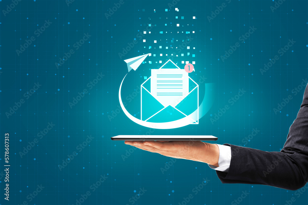 Poster E-mail marketing newsletter concept with envelope with notification alert and paper plane above human hand with digital tablet on abstract blue background