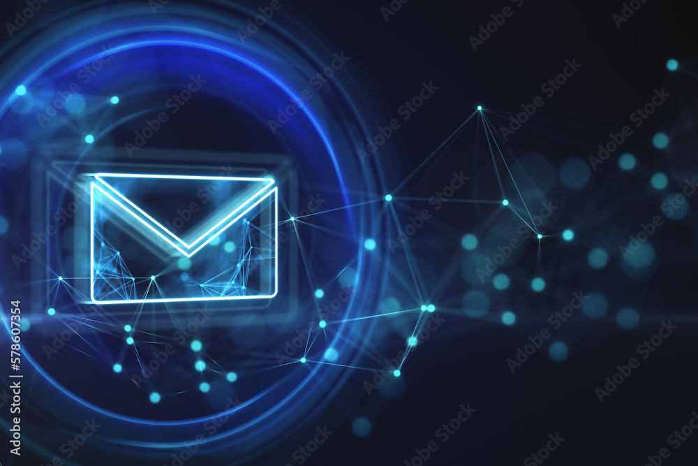 Poster Mail, letter and communication concept with digital glowing envelope icon in technological circle on dark background with geometrical lines and blurred dots. 3D rendering