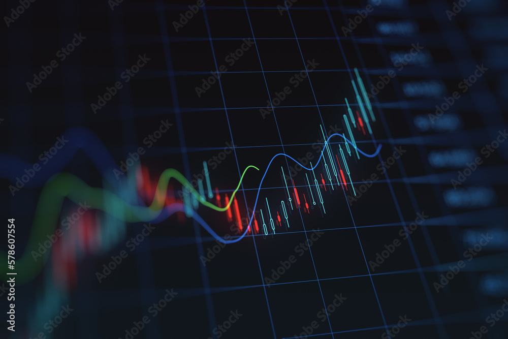 Poster Stock market and economy growth concept with digital rising up financial chart candlestick and diagram on dark blurred technological background with indicators. 3D rendering