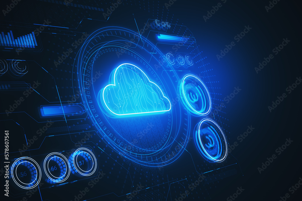 Leinwandbilder glowing cloud computing hologram on dark backdrop. 3d rendering.