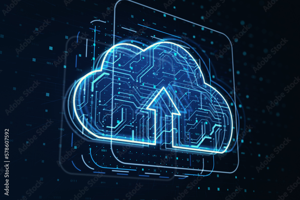Aufkleber Cloud service and digital information exchange concept with perspective view on arrow up in digital cloud symbol made from microcircuit on dark technological background. 3D rendering