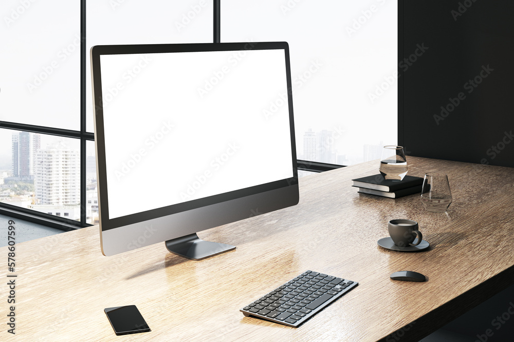 Poster Perspective view on blank white modern computer monitor with space for web design or web page on wooden table with coffee cup on sunlit city view and black wall background. 3D rendering, mock up