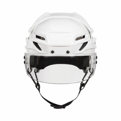 White Protective Ice Hockey Helmet with Transparent Plastic Visor on White Background