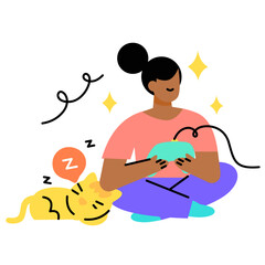 Women playing video games while her cat is sleeping