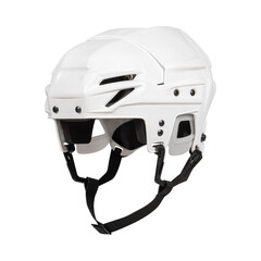 White plastic protective helmet for ice hockey on a white background without shadow