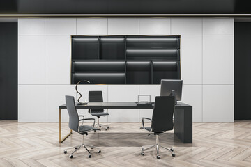Bright office interior with dark bookshelf, wooden flooring and furniture. 3D Rendering.
