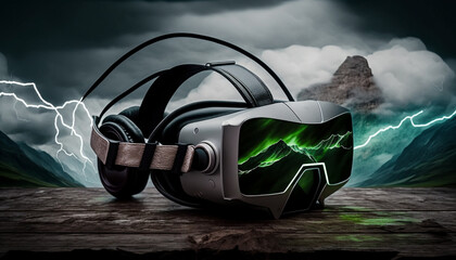 Fototapeta na wymiar Metaverse, Future game and entertainment digital technology, VR virtual reality glasses, Generative AI.