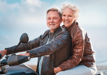 Travel, motorcycle and portrait of senior couple on road trip, adventure and enjoy freedom in...