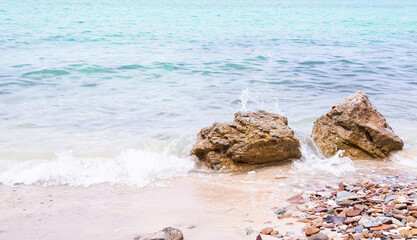 Sand Beach with Blue Sea Background,Nature Summer Tropical,Splash Water Shore Island Seascape,for Tourism Vacation Travel Holidays.