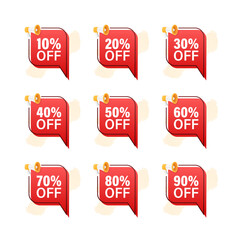 Sale tags. Special offer discount tag 10, 10, 20, 30, 40, 50, 60, 70, 80, 90 percent off price. Discount promotion