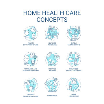 Home health care blue concept icons set. Medical services providers. Nursing idea thin line color illustrations. Isolated symbols. Editable stroke. Roboto-Medium, Myriad Pro-Bold fonts used