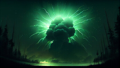 Massive green fireworks in the sky, generative ai