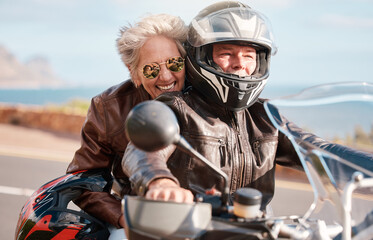 Travel, road trip and senior couple on motorcycle for adventure, freedom and enjoy weekend in...
