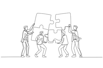 Cartoon of businessman with team bringing puzzle together. Concept of teamwork. One line style art