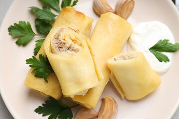 Concept of tasty food, thin pancakes with filling