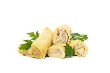 Concept of tasty food, thin pancakes with filling, isolated on white background