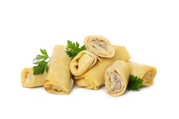 Concept of tasty food, thin pancakes with filling, isolated on white background