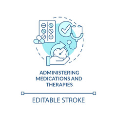 Administering medications and therapies blue concept icon. Private duty nursing care abstract idea thin line illustration. Isolated outline drawing. Editable stroke. Arial, Myriad Pro-Bold fonts used