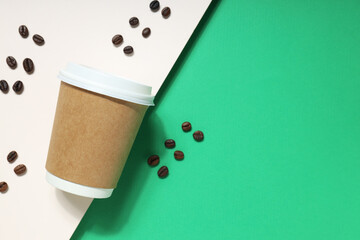 Blank paper cup, composition for delivery and take away concept, space for text