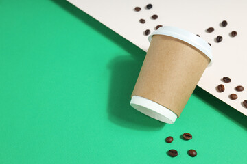 Blank paper cup, composition for delivery and take away concept, space for text