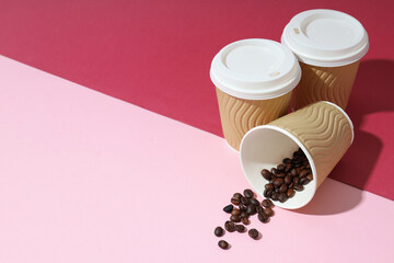 Blank paper cups, composition for delivery and take away concept, space for text