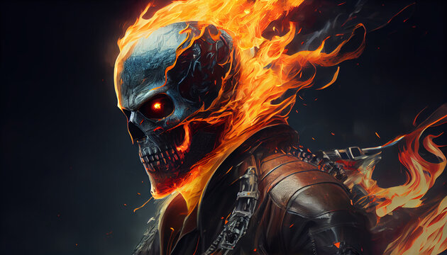 Portrait of Ghost Rider with motorcycle with flames, generative ai