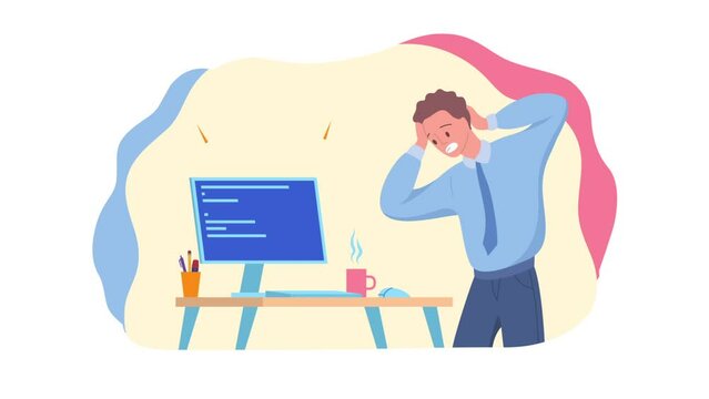 Cartoon Color Character Man and Computer Tech Error in Office Concept Flat Design Style. Animation Effect Illustration