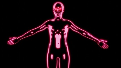 Glowing pink outline of human body. Luminous female form raising arms, welcoming open arms gesture.3d render illustration