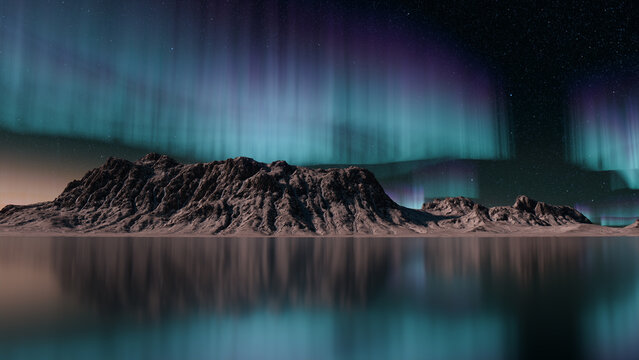 Winter Terrain with Aurora Borealis. Green Sky Wallpaper with copy-space.