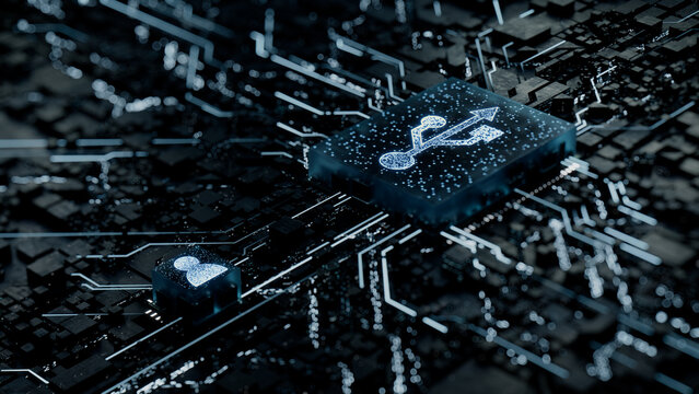 Interface Technology Concept with usb symbol on a Microchip. White Neon Data flows between the CPU and the User across a Futuristic Motherboard. 3D render.